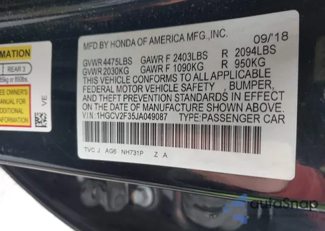 2018 Honda Accord Sport 2.0T z USA, uszkodzony, nr VIN 1HGCV2F35JA049087